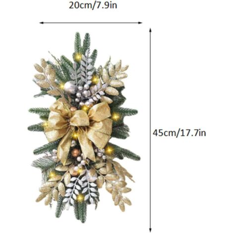 Couronne De Noël LED 35cm Avec Fleurs Artificielles, Bowknot Et Guirlande - Décoration Festive Porte Et Cheminée