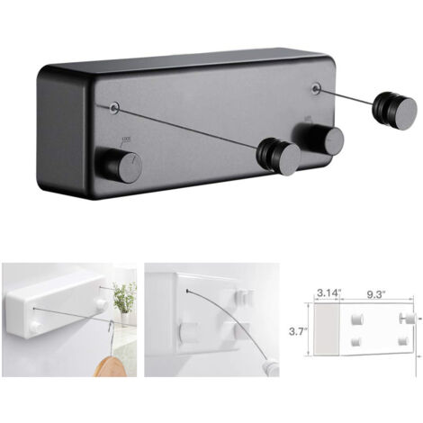 Étendoir à linge extensible en forme de T pour une utilisation intérieure et extérieure, 2 cordes à linge de 4,2 m (13,8 pi) en acier inoxydable, sans perçage, fixation murale – Noir