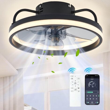 Ventilateur de plafond avec lumière et télécommande, 6 vitesses, variateur, application intelligente, éclairage de chambre (noir, 33 cm) (1/5)