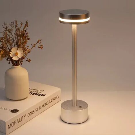 Lampe de table sans fil rechargeable, lampe de bureau LED en métal design charge usb, 3 modes de couleur, pour exterieur, terrasse, restaurant (1/4)
