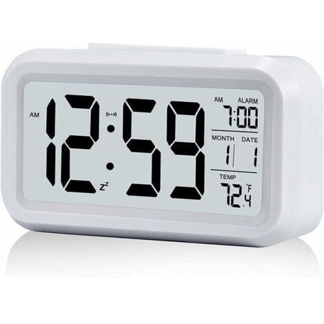 Réveil Digital Réveil Matin, Horloge Numérique Réveil à Pile Silencieux pour Enfants Adultes Grand écran LED Température Calendrier(Blanc) (1/4)