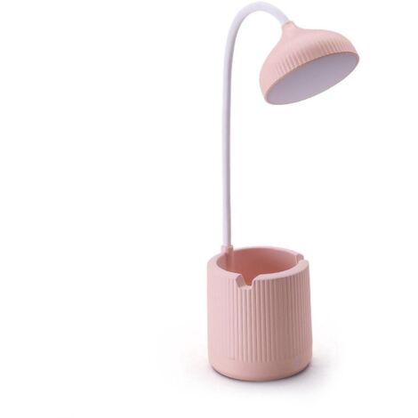 Lampe de bureau LED rose avec 3 vitesses d'éclairage réglables et porte-stylo - Fonctionne avec USB/batterie, tuyau pivotant à 360° - Lampe de table portable et rechargeable (1/2)
