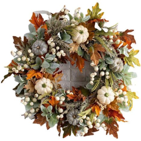 Couronne de décoration murale de 35 cm avec feuilles givrées et citrouille - Couronne d'automne à suspendre pour porte (couronne de décoration murale (1/4)
