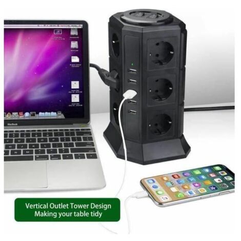 Tour Multiprise Parasurtenseur Parafoudre 12 Prises avec 5 USB 4,5A Ports BLEOSAN - Cordon de 2m - Noir (SKU produit : 95097093 SKU Offre : 25226DY03) (1/4)