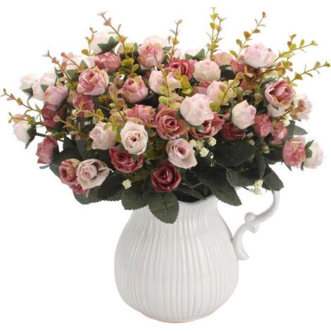 Bouquet artificiel avec roses artificielles, 7 tiges, 21 fleurs, fleurs en soie, idéal comme décoration 2 pièces de café rose