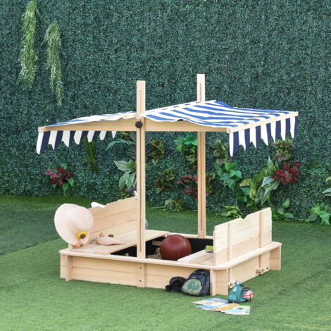 Outsunny Bac à Sable Carré En Bois Avec Bancs, Couvercle Et Auvent Réglable – Jardin Enfants