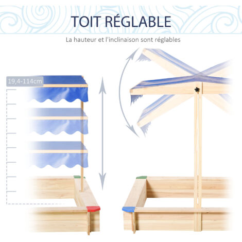 OUTSUNNY Bac à sable bois carré dim. 1,2L x 1,2l x 1,2H m - hauteur et inclinaison toit réglables - bois naturel de pin pas cher OUTSUNNY Bac à sable bois carré dim. 1,2L x 1,2l x 1,2H m - hauteur et inclinaison toit réglables - bois naturel de pin pas cher