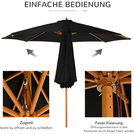 Parasol en bois de 300 cm en bambou noir robuste pour terrasse de ...