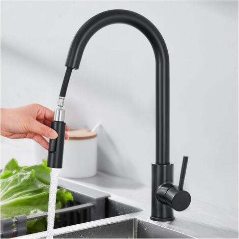 Rubinetto da cucina con spruzzatore estraibile, miscelatore da cucina con rotazione a 360°, flessibile con 2 modalità di spruzzo, rubinetto nero a collo di cigno, acciaio inossidabile