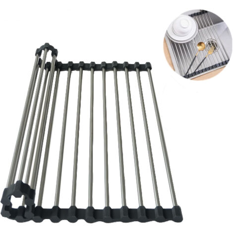 Escurridor de platos enrollable, escurridor de platos para fregadero, escurridor de platos portátil de acero inoxidable, organizador de cocina multifuncional (gris 43x35cm) (1/4)