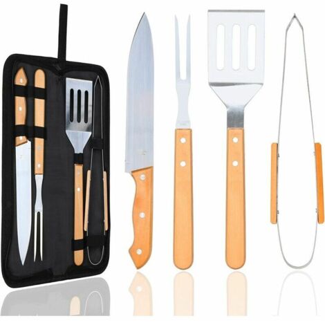 CHOYCLIT 4-teiliges Grillbesteck, hochwertiges Grillzubehör aus Edelstahl mit Holzgriff, tragbares Grillset mit Tasche für Camping, Reisen, Garten, Geschenke für Männer (4 Stück) (1/5)