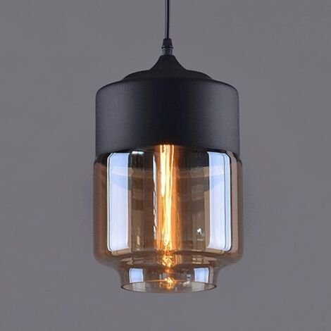 Lampada a sospensione a lanterna, corpo semplice in metallo, paralume cilindrico in vetro, lampade creative nordiche per testiera del letto, ristorante, camera d'albergo, nero ambra (1/2)