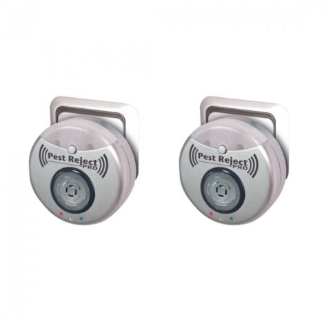 CHOYCLIT Pest Reject Pro set de 2 Repelente de plagas Poder de repulsión Ultrasonido y electromagnetismo Color gris Cobertura de su casa de 200m² Luz nocturna integrada