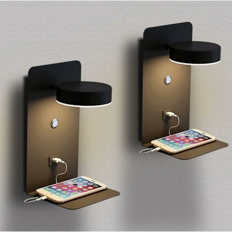 Lámpara de pared LED para interiores con puerto USB, 12 W, regulable, moderna, tricolor, con interruptor, giratoria 330°, para lectura, mesita de noche, color negro. (1/5)