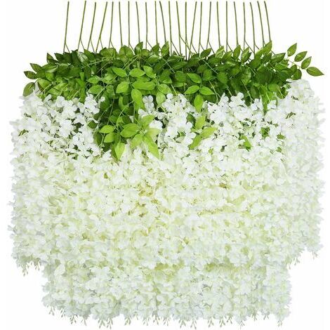 Flores artificiales, 24 unidades de glicinas artificiales colgantes de seda para decoración del hogar, bodas y fiestas (24 unidades, 110 cm por hebra, color blanco) (1/5)