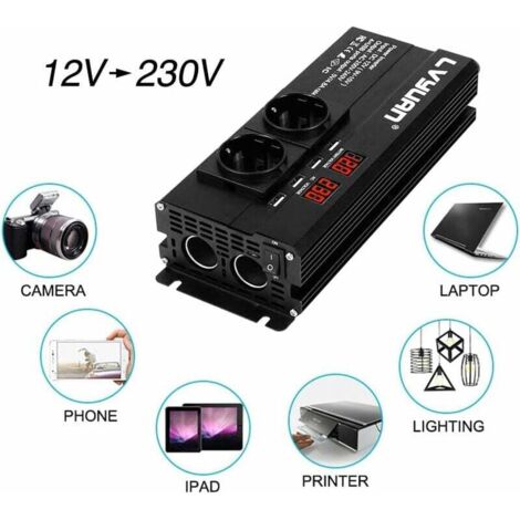 Inversor CHOYCLIT 12V 220V 1500W 12V 230V con 2 tomas y 4 USB Pantalla ...