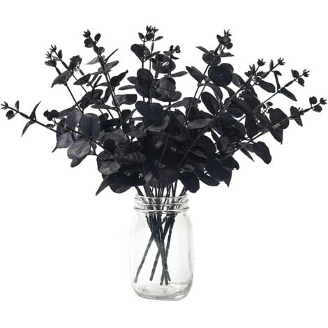 6 piezas de plantas artificiales de eucalipto para decorar, ramas de eucalipto artificiales, hojas de eucalipto falsas, tallos de eucalipto falsos para bodas, hogar, cocina, color negro. (1/5)