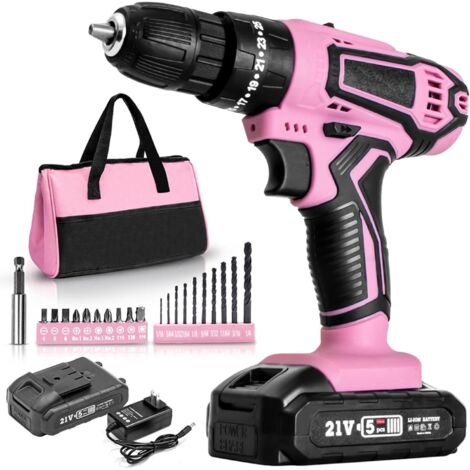 Taladro atornillador inalámbrico de 12 V, juego de taladro y destornillador inalámbricos, kit de taladro combinado con par de torsión 25+1, 2 velocidades, juego de accesorios para bricolaje (rosa) (1/5)
