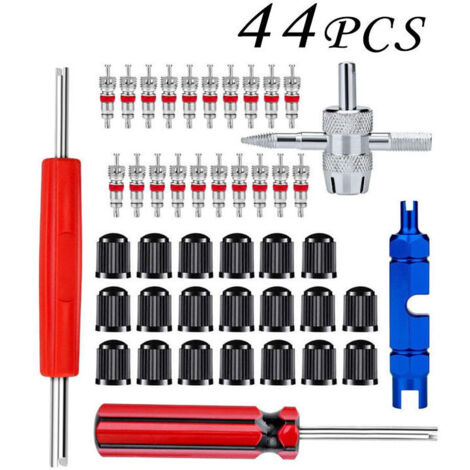 Kit de reparación de válvulas de neumáticos de coche CHOYCLIT, herramienta de 4 vías con núcleos de válvula, tapas de válvulas de neumáticos, herramienta de extracción de vástago de válvula de neumáti (1/5)