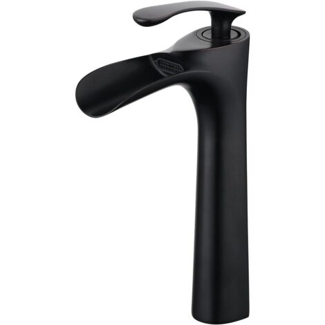 Grifo de lavabo cascada negro, grifo de baño con caño alto, latón (1/5)