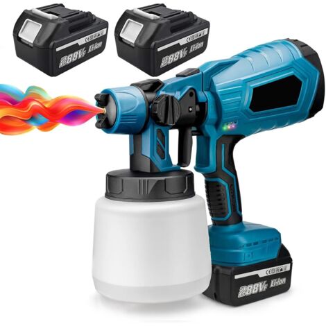 Pistola pulverizadora de pintura inalámbrica, eléctrica, con depósito de 1000 ml y 2 baterías, portátil, para paredes, techos, vallas y madera, color azul.