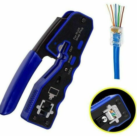 RJ45 Crimpzange für Cat6 Cat5 Cat5e RJ45 Pass-Through-Stecker und R11/RJ12 normale Enden mit 50 Steckern, 50 Abdeckungen und Mini-Abisolierzange