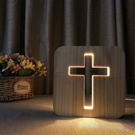 LaBlanc – 3D-LED-Nachtlicht mit Jesus-Kreuz – wiederaufladbar über USB, kreuzförmige Nachttischlampe aus Holz für Schlafzimmer – Weihnachtsgeschenk, religiöses christliches Geschenk