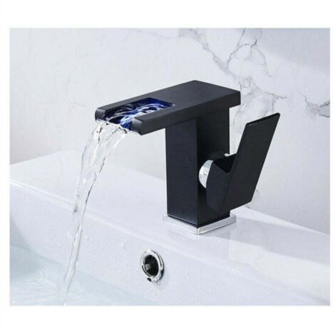 Badezimmer-Mischbatterie, RGB-Farbwechsel-Wasserfall, Badezimmer-Waschtischarmatur, Waschbecken-Wasserhahn, Einhand-WC-Mischbatterie – kurzes Schwarz (1/5)