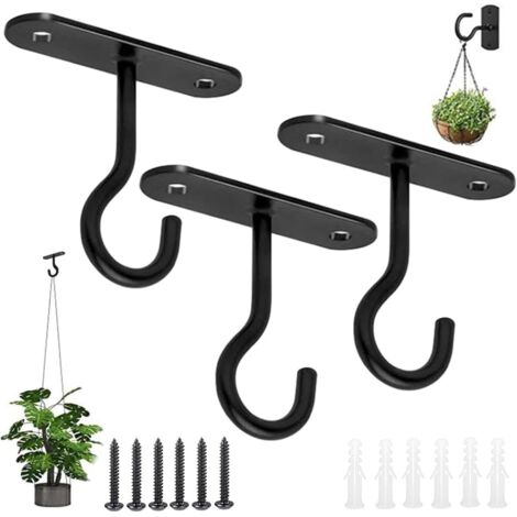 Deckenhaken zum Aufhängen von Pflanzen, 3er-Pack Metall-Wandhaken mit Schrauben und Dübeln, Aufhängehaken für Körbe, Vogelhäuschen, Laternen, Windspiele (schwarz) (1/5)