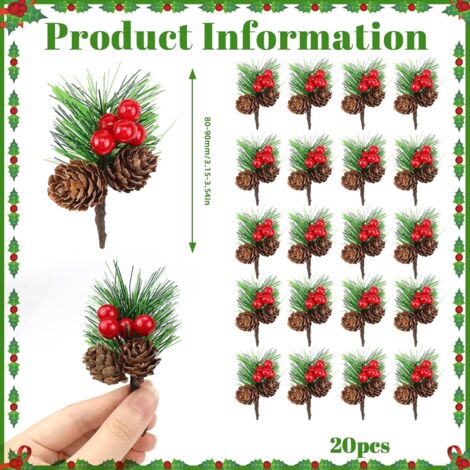 ROLLWAY 24 Pezzi Rami di Abete Decorativi, Rami di Pino Artificiale di Natale Pigne e Bacche Rosse Rami di Abete Artificiali Aghi di Pino di Natale per Ghirlanda Decorazioni Natalizie