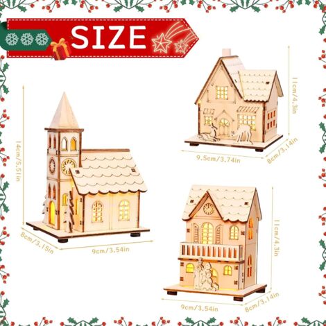 Set Di 3 Casette Natalizie In Legno Con Luci LED - Decorazioni Da Tavolo Per Villaggio Di Natale, Casa O Ufficio