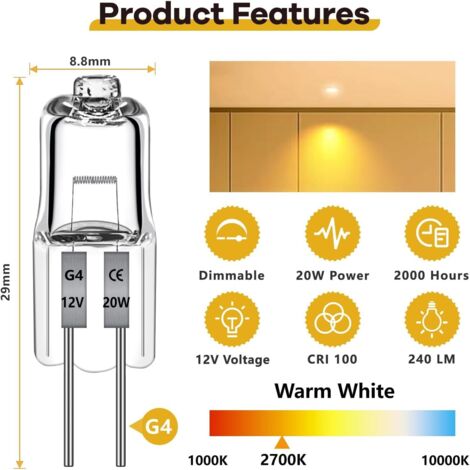 12 pezzi G4 lampadina alogena 12V 20W 470LM, lampadina dimmerabile ...