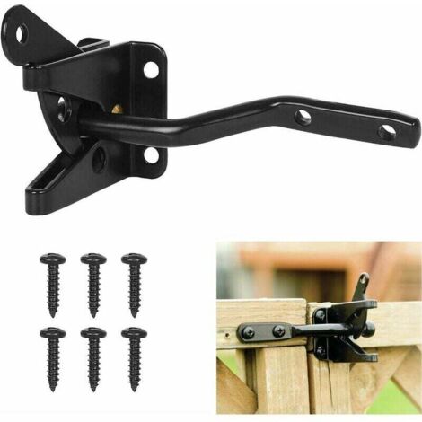 Cerradura de puerta automática con pestillo metálico y pestillo de acero por gravedad para valla de jardín, color negro. Incluye tornillos de fijación. (1/5)