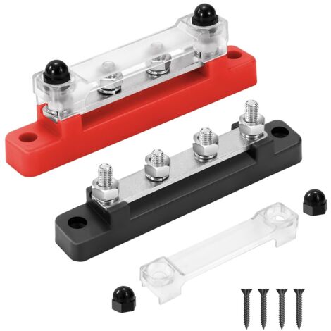 Bloque de distribución de energía de barra colectora de 12 V-48 V CC, 150 A, con 4 pernos de terminal M6 para coche, camión, barco, rojo y negro, 2 unidades (1/5)