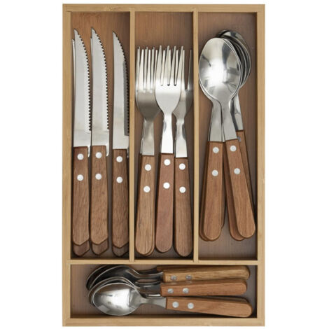 Ménagère 24 pièces en inox avec range-couverts en bois – 6 fourchettes, 6 couteaux, 6 cuillères à soupe et café – Design élégant – Secret De Gourmet