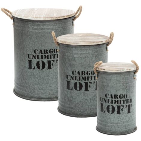Atmosphera – Lot de 3 coffres en métal gris Loft – Dimensions : D. 27/33,5/40 x H. 41/46,5/51,5 cm – Couvercle en bois de sapin – Poignées en chanvre