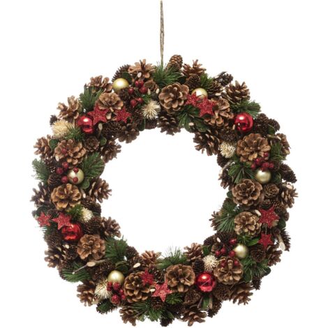 Fééric Lights And Christmas – Couronne de Noël décorative avec houx et pommes de pin – Étoiles paillettes rouges D 50 cm – Plastique solide et esthétique (1/3)