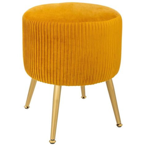 Atmosphera – Tabouret en velours jaune moutarde – D. 35 x H. 41 cm – Structure MDF et pieds en fer – Rembourrage mousse polyuréthane