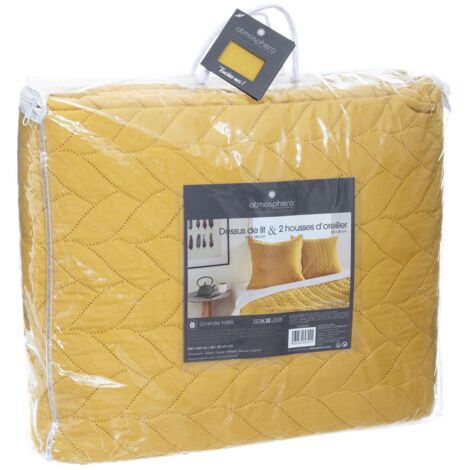 Atmosphera – Dessus de lit tressé en polyester 240x260 cm – 2 taies d'oreiller 60x60 cm – Couleur ocre pour lit double – Confort et élégance