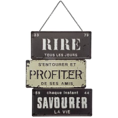 Atmosphera – Décoration murale en métal rétro 26 x 34 cm – 3 plaques avec mots 'Rire', 'Profiter', 'Savourer' – Pour décoration intérieure vintage