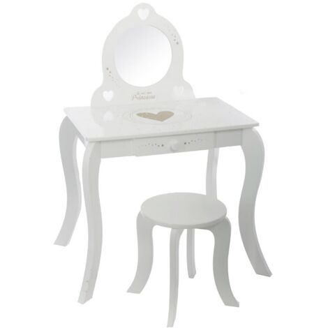 Atmosphera – Coiffeuse enfant en MDF avec miroir – Dimensions 71,5 x 50,5 x 91 cm – Tabouret assorti – Rangement tiroir intégré