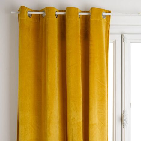 Atmosphera – Rideau occultant velours jaune moutarde 140x260cm – 100% polyester – 8 œillets ronds argent – Lavable en machine à 30°C