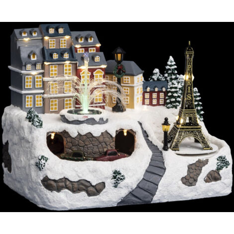 Fééric Lights And Christmas – Village de Noël lumineux avec fontaine animée – 36 LED multicolores – Longueur 28,5 cm – Poids 1,9 kg – En polyresine durable