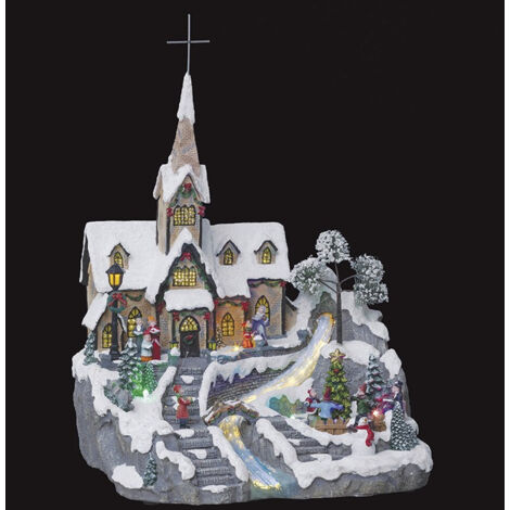 Fééric Lights And Christmas – Village de Noël animé lumineux église sous la neige – Dimensions L. 31 cm x l. 29 cm x H. 42.5 cm – Poids 2.4 kg – 9 LED et fibre optique
