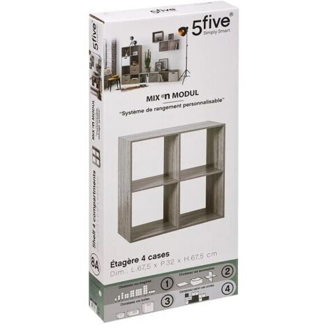 Five – Bibliothèque enfant modulable 4 compartiments – Effet bois gris – Dimensions L. 67,5 x P. 32 x H. 67,6 cm – Panneau de particules aggloméré - 5five