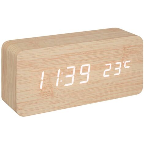 Atmosphera – Réveil digital en bois et cuivre 15x7cm – Silencieux – Alimentation par piles ou USB – Décoration moderne pour intérieur