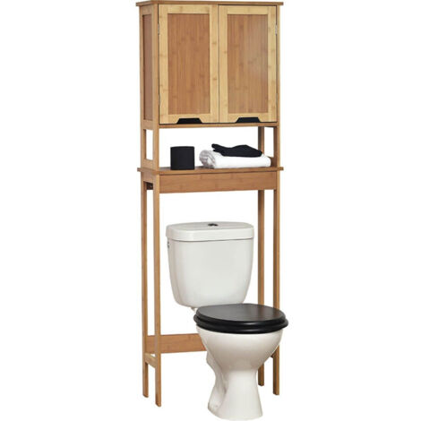 Tendance – Meuble de rangement pour WC en bambou – 2 portes, 1 étagère, 1 tablette – Dimensions 106x31x15 cm – Autoportant, kit de fixation inclus