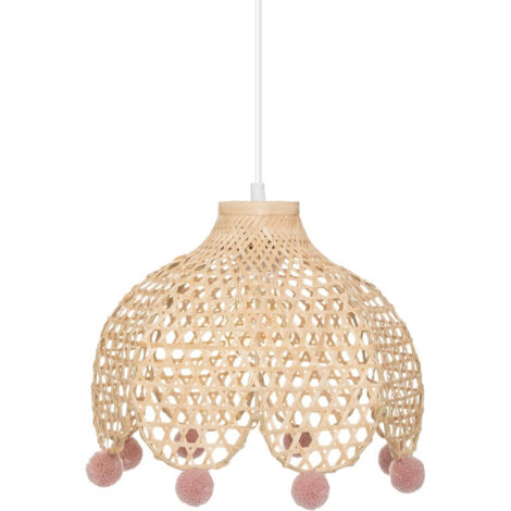 Atmosphera – Suspension en bambou D. 28 cm avec pompons roses – Éclairage doux pour chambre d'enfant – Installation facile avec câble ajustable