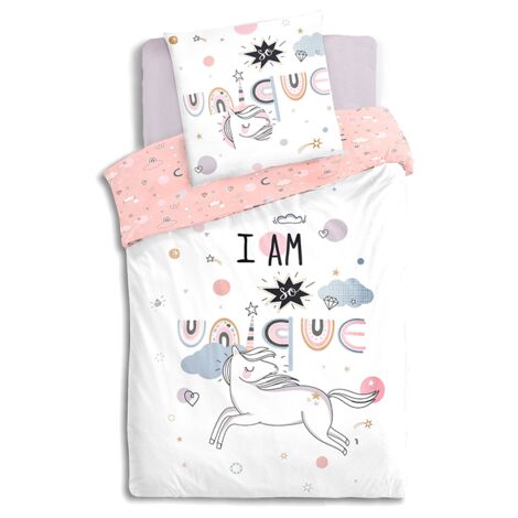 Atmosphera – Parure de lit Licorne 140 x 200 cm – Housse de couette 100 % coton supérieur – Taie d'oreiller 65 x 65 cm – Imprimé recto/verso