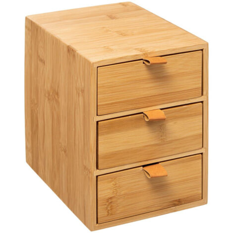 5Five Simply Smart – Boite de rangement en bambou 3 tiroirs – Dimensions 20x15x21 cm – Languettes en simili cuir – Rangement esthétique pour cosmétiques